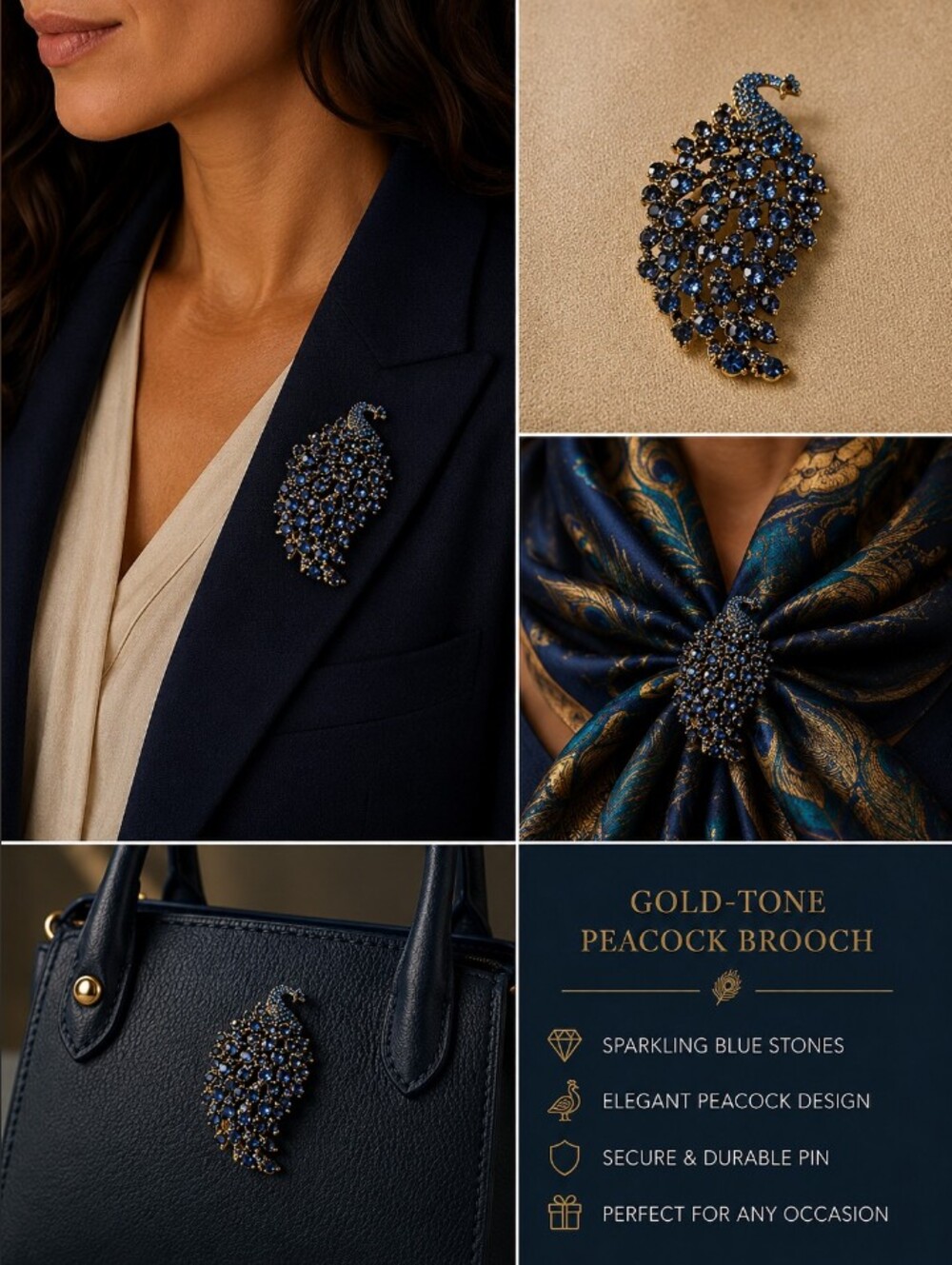 Gold-Tone Peacock Pendant with Blue Stones